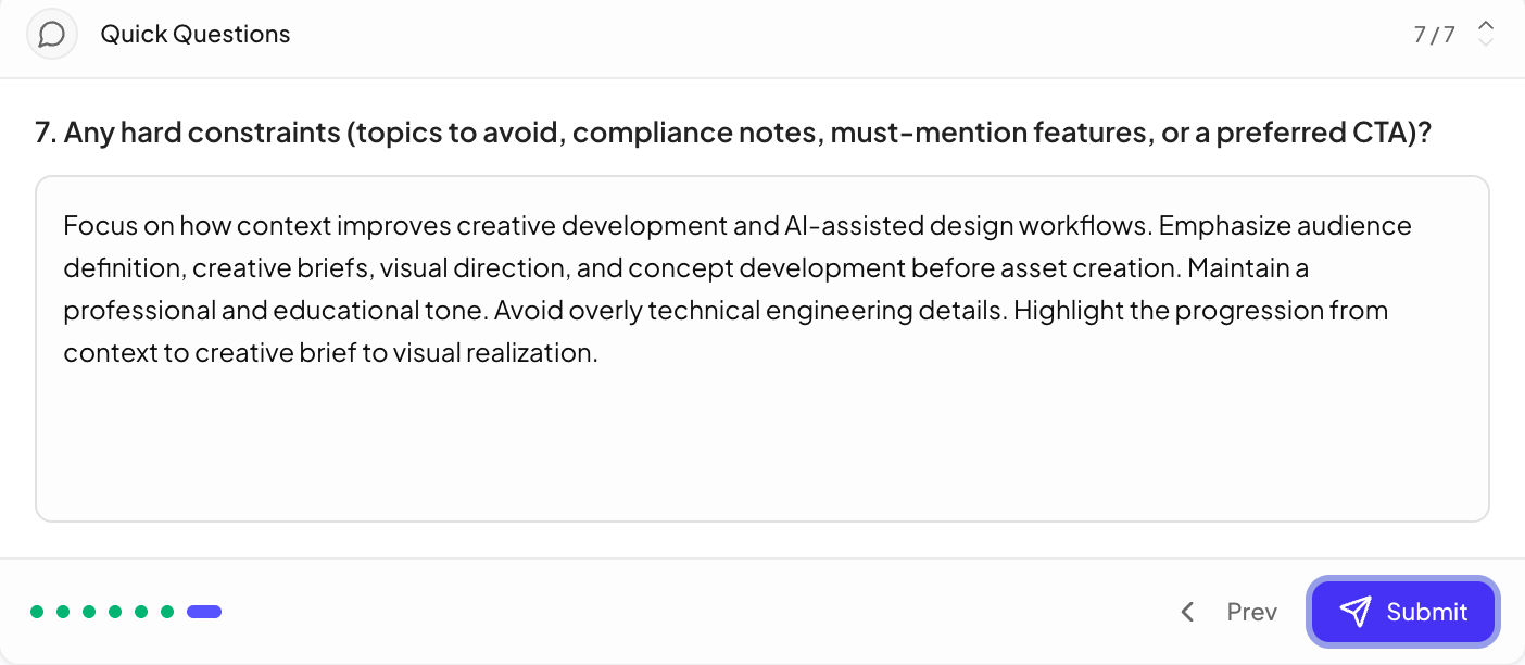Design decisions organized in the creative brief