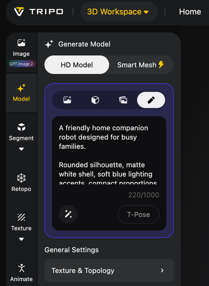 Initial companion robot 3D model generated in Tripo Studio