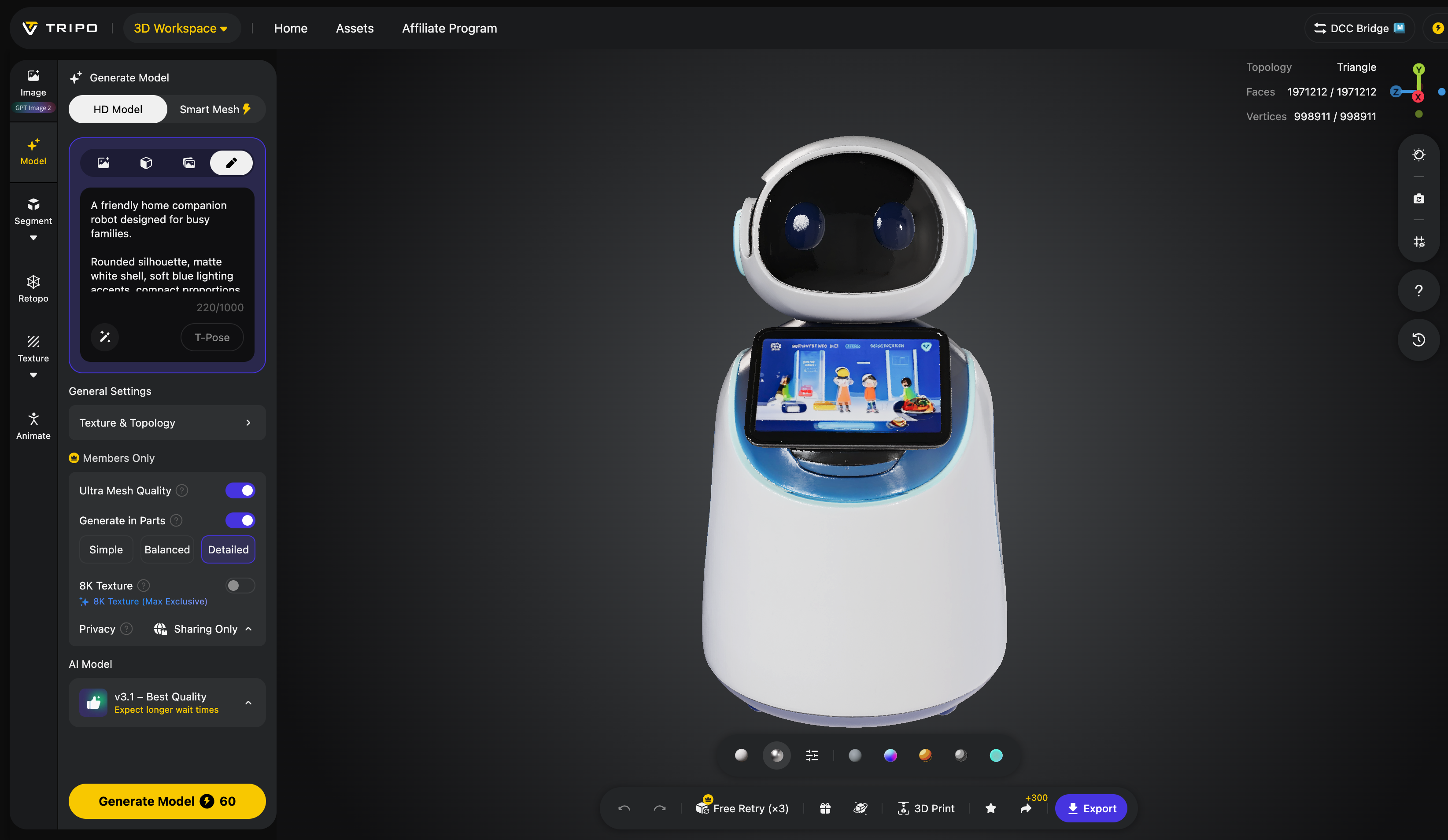 Refining and optimizing the 3D asset in Tripo