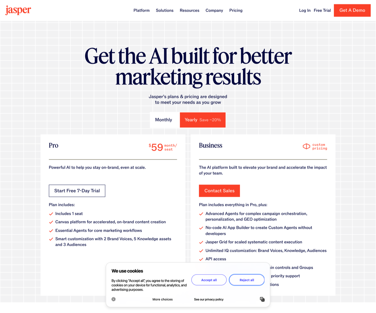 Jasper pricing page screenshot