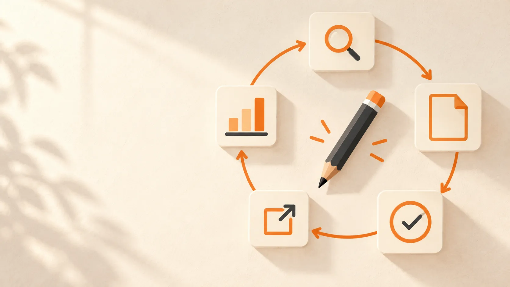 Illustrated content workflow with research, drafting, review, publishing, and measurement icons