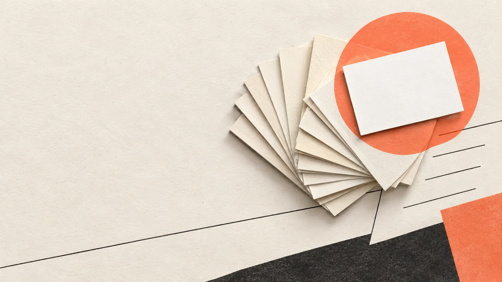 Blank paper cards stacked over a warm orange circle, representing a shortlist of blog topics