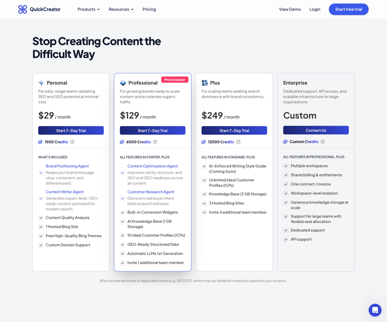 QuickCreator pricing page screenshot