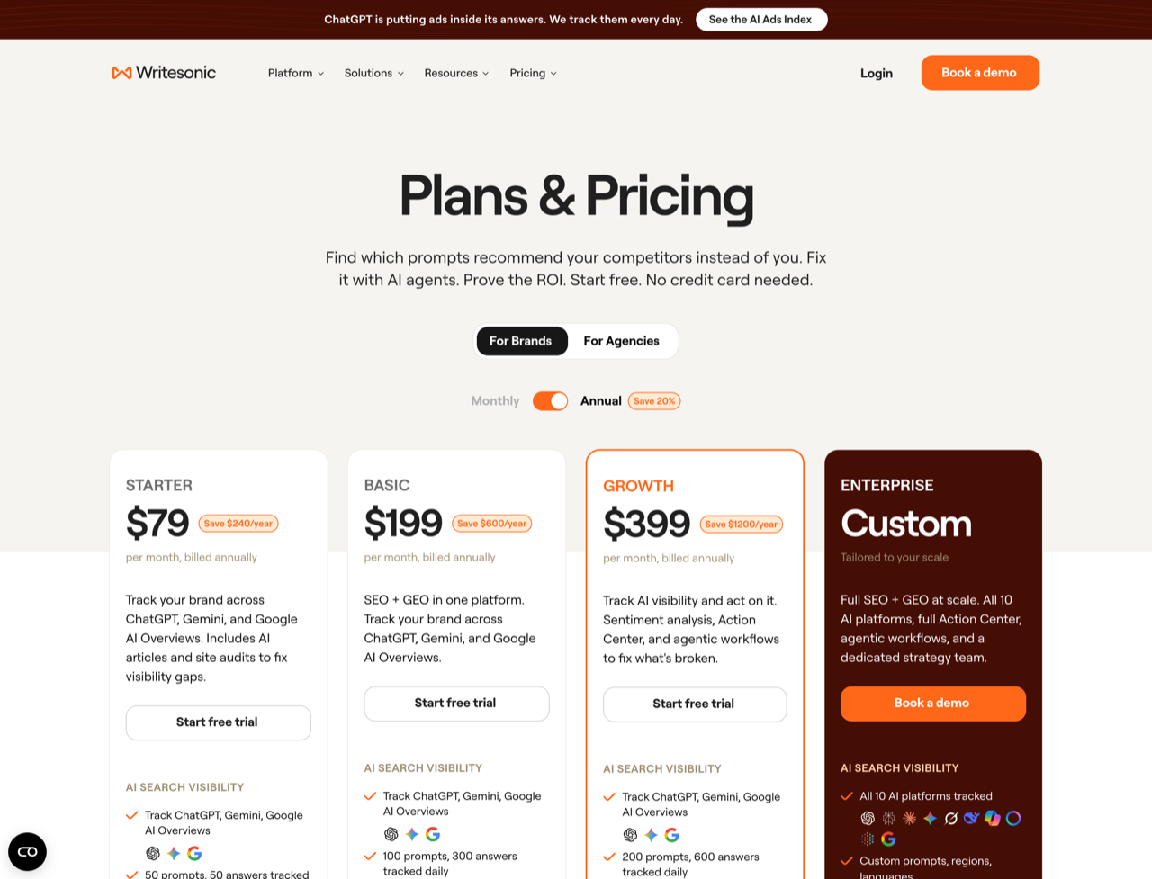 Writesonic pricing page screenshot